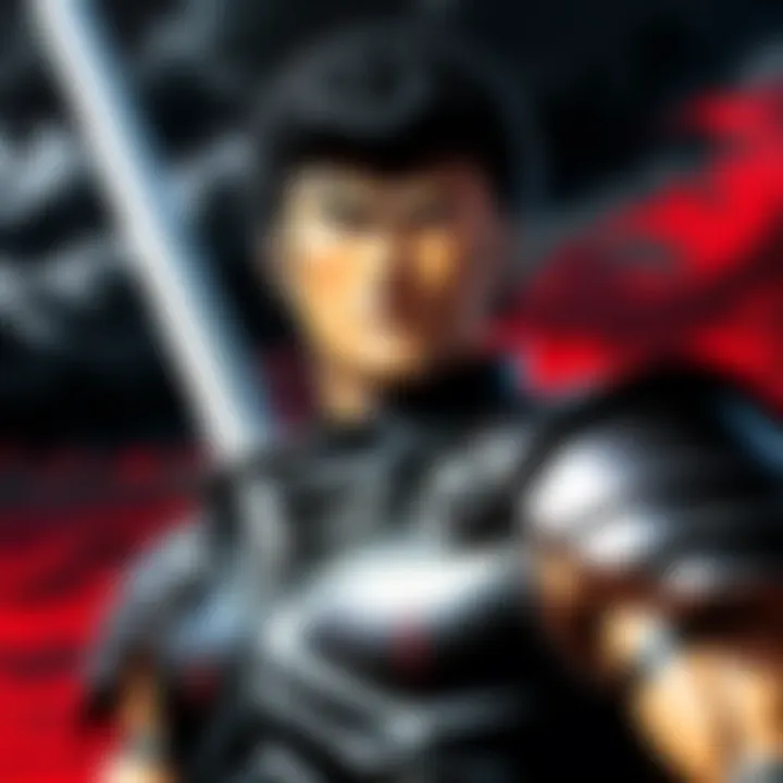 A close-up view of Guts, the protagonist, showcasing his determination