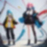 A vibrant anime character outfit showcasing bright colors and bold accessories