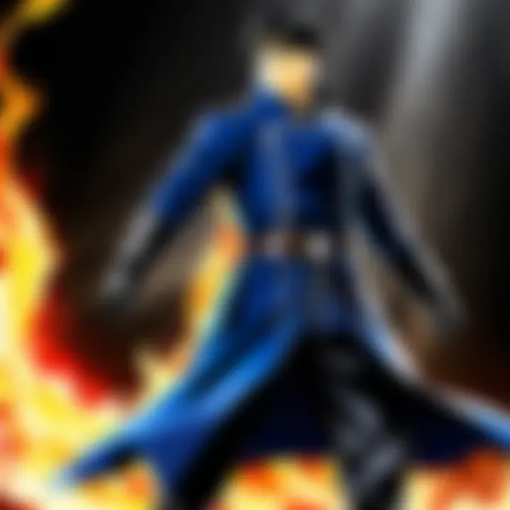 A close-up of Roy Mustang with his iconic flame circle, symbolizing his power and ambition.