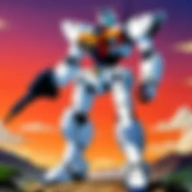 Cultural Landscape of Mecha A serene landscape with mecha elements integrated into the environment, emphasizing the genre's cultural impact.