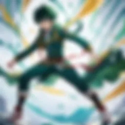 A dramatic scene showcasing the evolution of Izuku Midoriya
