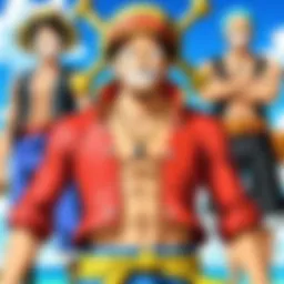 A vibrant scene showcasing key characters from the One Piece anime in their English dubbed versions, highlighting their distinct personalities.