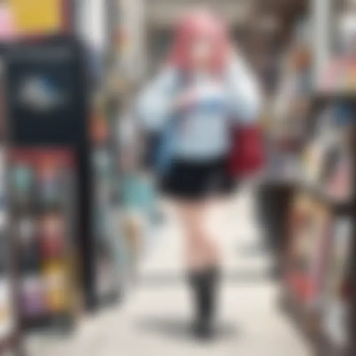 A close-up of a curated display of popular anime merchandise and collectibles within the shop.