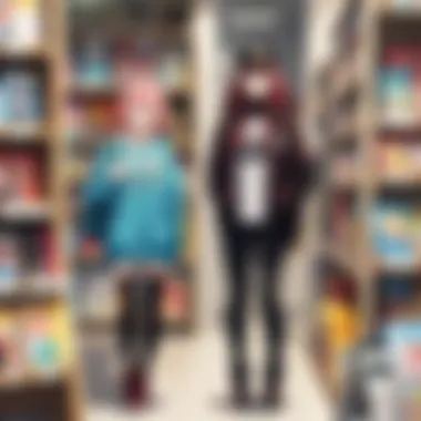 An Enthusiast's Journey Through Rare Finds A dedicated anime fan browsing through a unique collection of rare manga titles and artbooks.