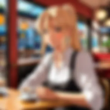 A vibrant scene depicting character interactions in a bustling café