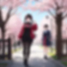 A romantic scene between two characters under cherry blossoms