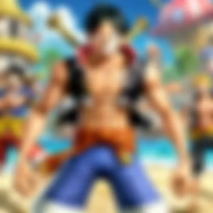 An illustration of key characters from the One Piece series interacting within the game.