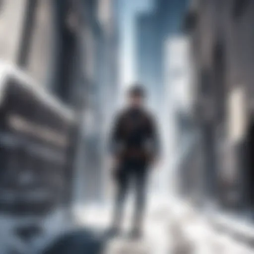 Hero stands on a cliff overlooking a vast landscape, symbolizing the beginning of a journey.