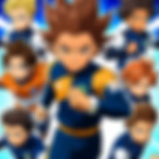 Dynamic soccer match scene from Inazuma Eleven, showcasing teamwork and strategy.