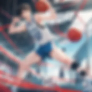 A dynamic basketball match scene showcasing Kuroko's unique playing style
