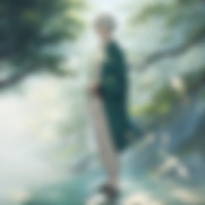 A contemplative scene of the main character, Ginko, observing nature.