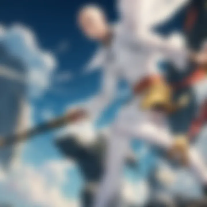 A dynamic scene showcasing Saitama in battle, emphasizing his unmatched strength.