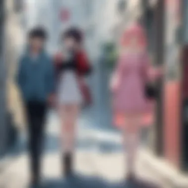 An artistic representation of iconic romantic anime film locations that evoke nostalgia.