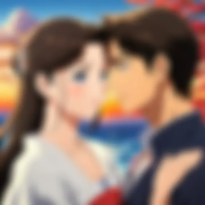 A captivating scene from a romantic anime movie depicting a tender moment between characters.