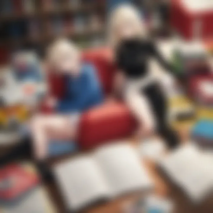 Parents and children discussing book selections
