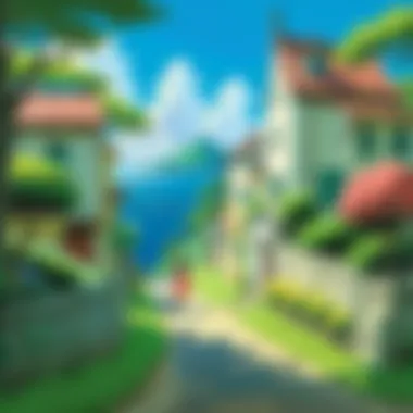 Whimsical Landscapes of Studio Ghibli A picturesque landscape from a Studio Ghibli film featuring lush greenery and whimsical architecture.